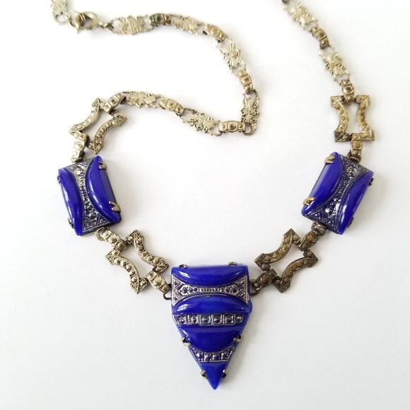 Relisted-Vintage Art Deco necklace blue glass silver tone choker - Picture 11 of 17